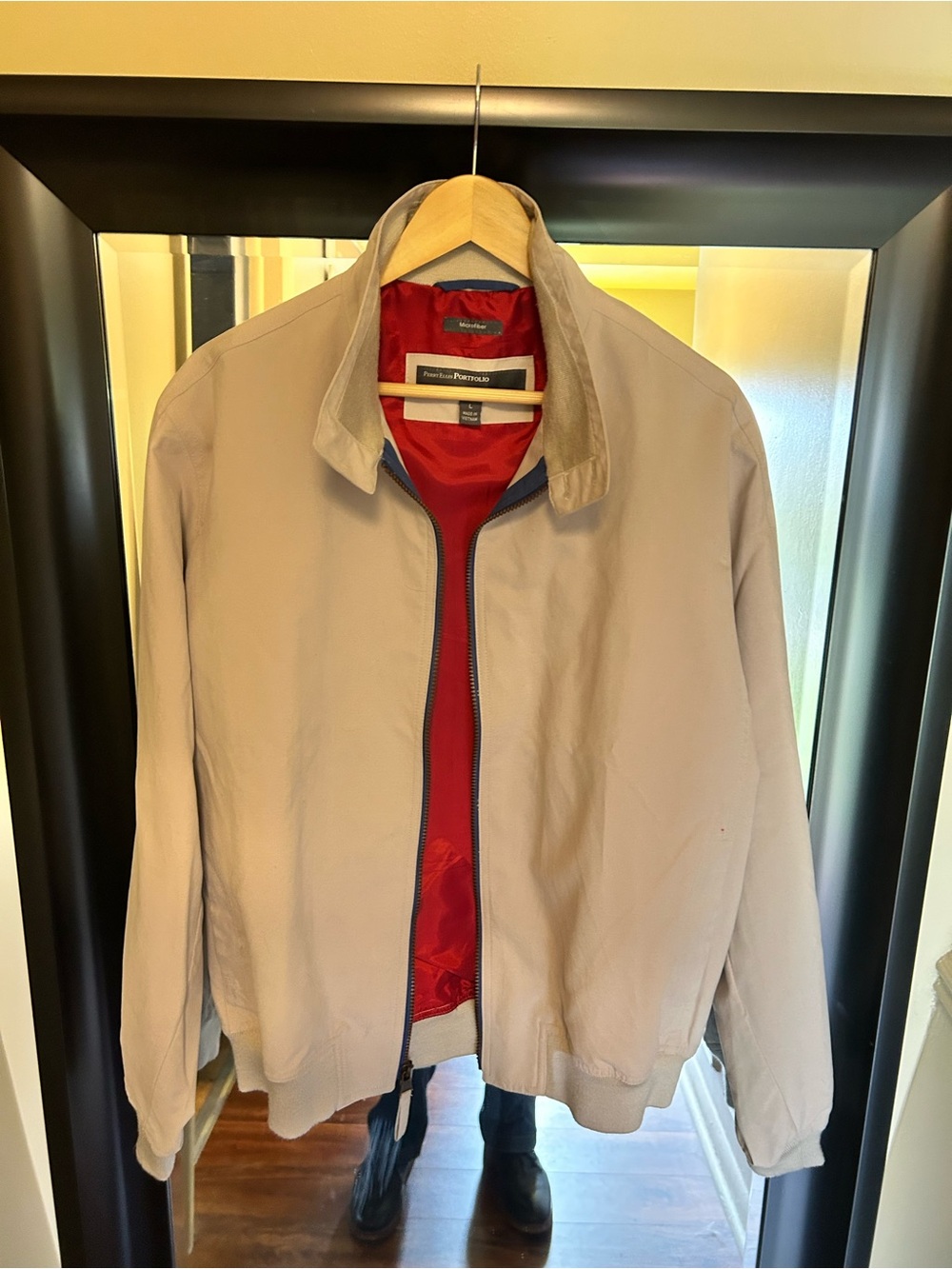 Perry Ellis Beige Bomber Jacket with Red Lining 21”W X 27”L